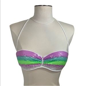 Victoria’s Secret Aqua Waves sequins bandeau strapless bikini top SZ 34B EUC